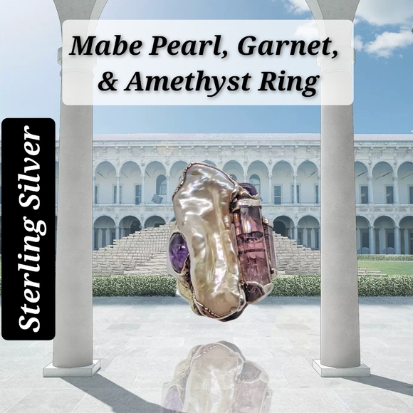 .Mabe Pearl, Garnet, & Amethyst Sterling Silver Ring - Picture 4 of 8